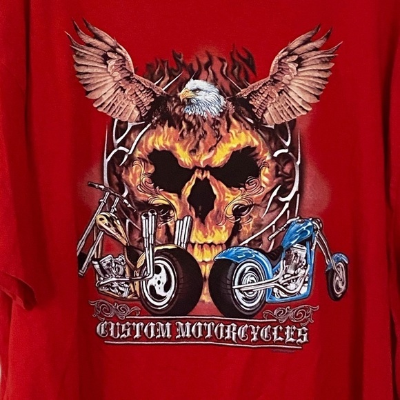 Men’s Red Graphic T Shirt Motorcycle Flaming Skull Tee Size 3XL Ride to Live - Picture 4 of 7
